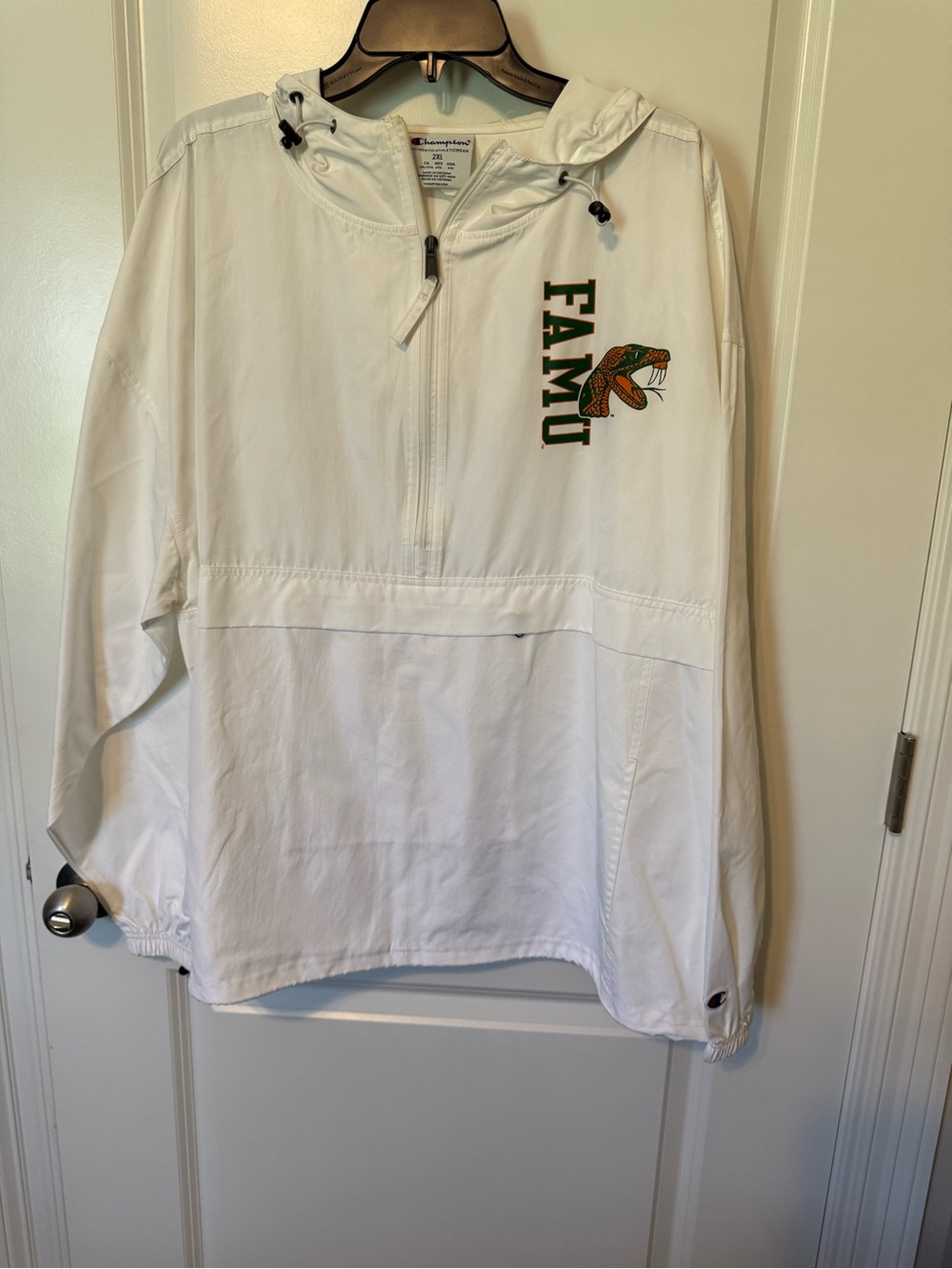 Champion White Hooded Pullover Windbreaker with FAMU Rattler Logo